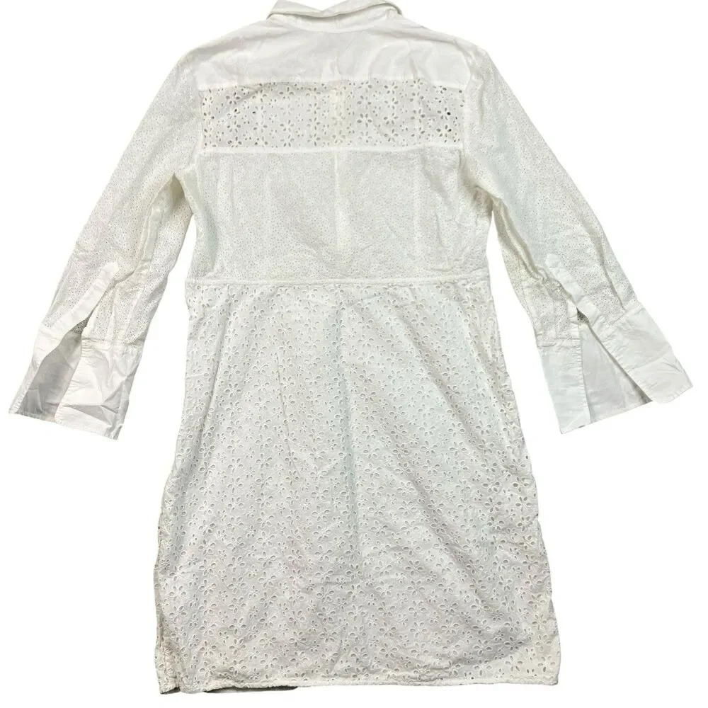 Tory Burch Shirt Dress Womens 12 White Cotton Eyelet Lace Bell Sleeve Vacation